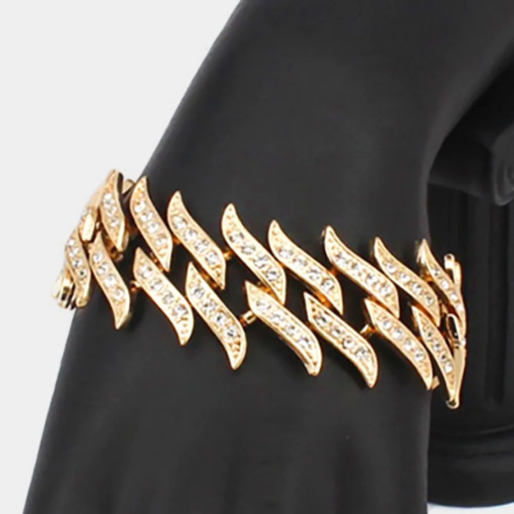 Gold Chunky Spiked Cuban Chain Link Bracelet Metal Thick Bold Crystal Jewelry